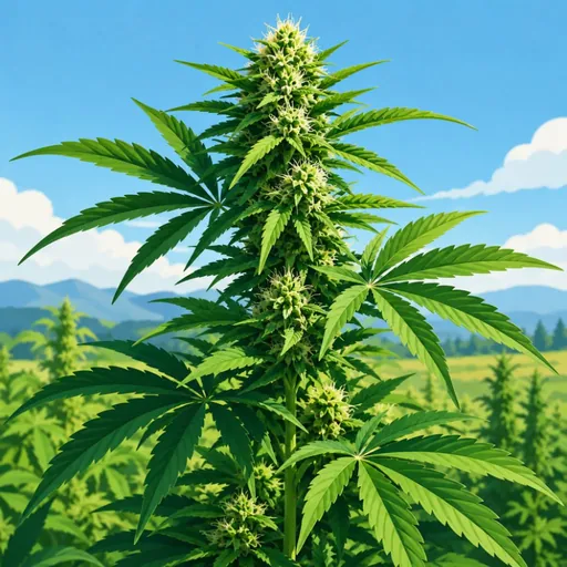 Illustrated hemp plant in a green landscape.