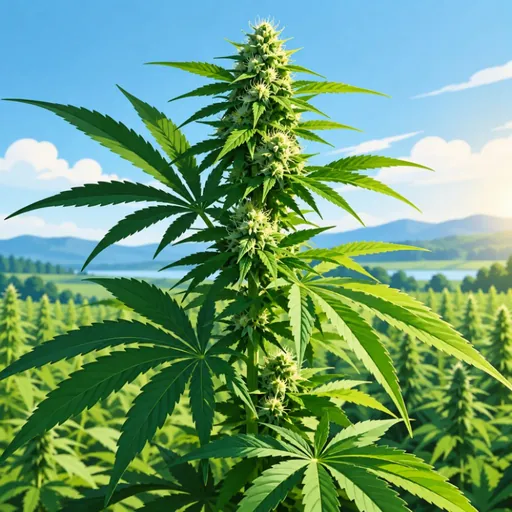 Illustrated hemp plant in a green landscape.