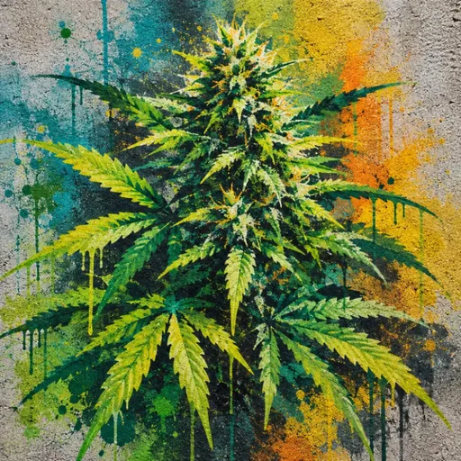 Painted hemp plant against a textured colorful background.