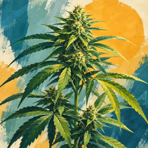 Painted hemp plant against a textured colorful background.