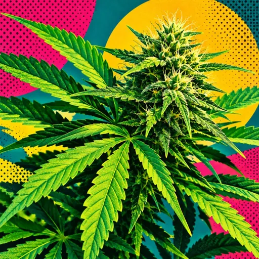 Hemp leaves in a bright pop-art illustration.