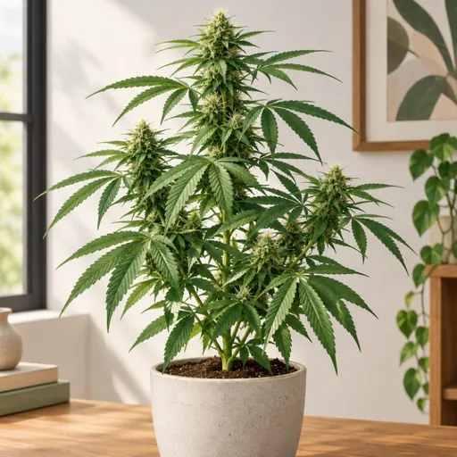 Illustrated potted hemp plant indoors.