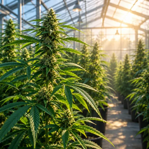 Hemp plants growing in a sunlit greenhouse.