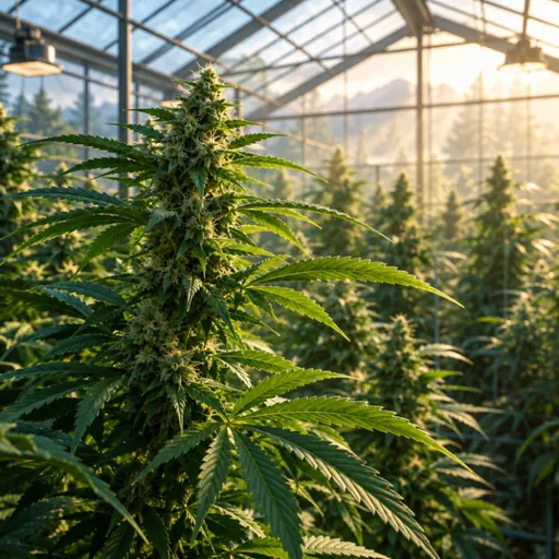Hemp plants growing in a sunlit greenhouse.
