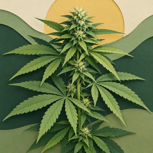 Hemp leaves in a layered paper-cut illustration.