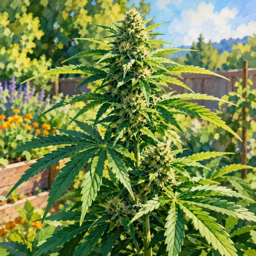 Hemp plant growing in a garden with flowers.