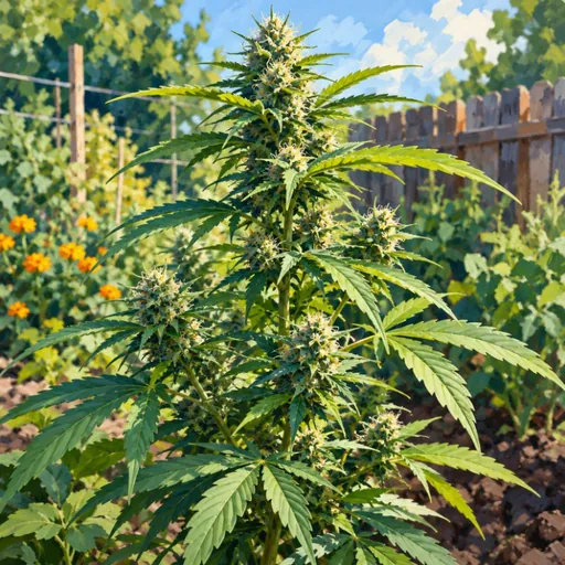 Hemp plant growing in a garden with flowers.