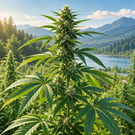 Hemp plant in a green landscape near water.
