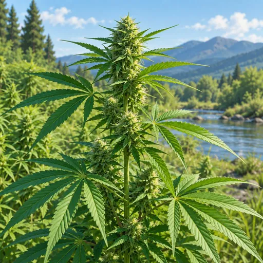Hemp plant in a green landscape near water.