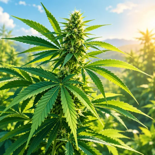 Sunlit hemp leaves in a green landscape.