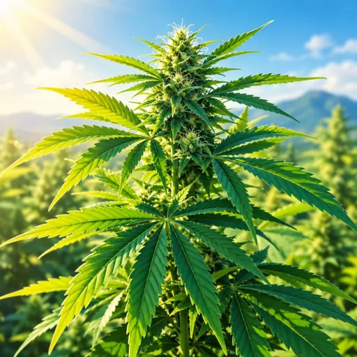 Sunlit hemp leaves in a green landscape.