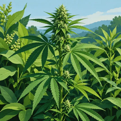 Hemp leaves among green foliage.