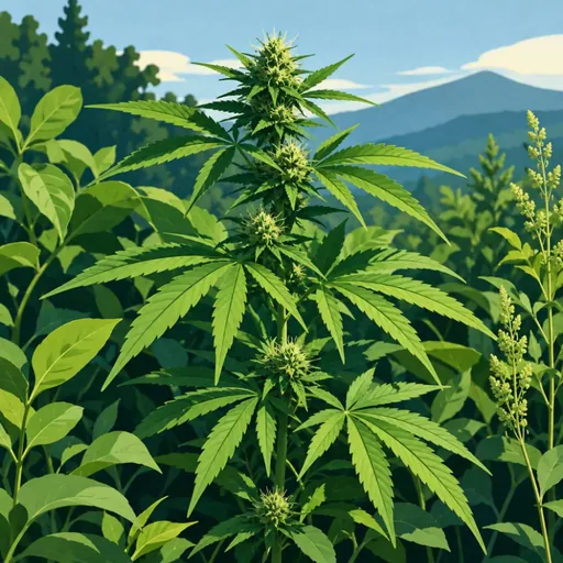 Hemp leaves among green foliage.