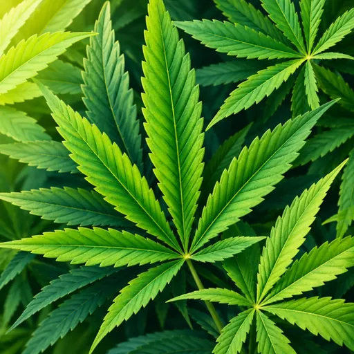 Close-up illustration of overlapping green hemp leaves.