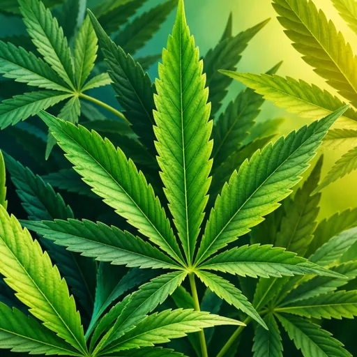 Close-up illustration of overlapping green hemp leaves.