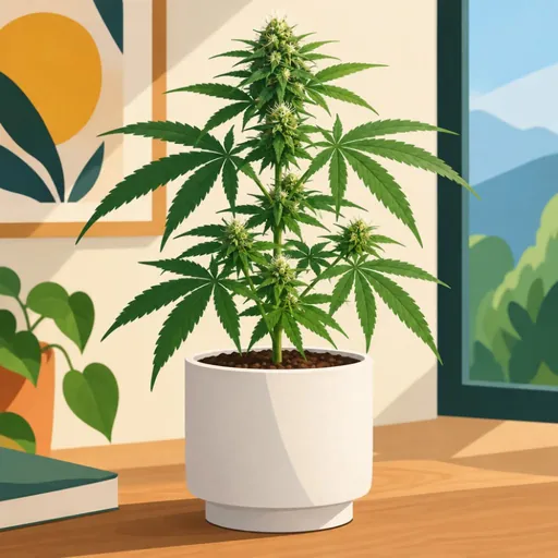 Illustrated hemp plant in a pot by a window.