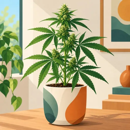 Illustrated hemp plant in a pot by a window.