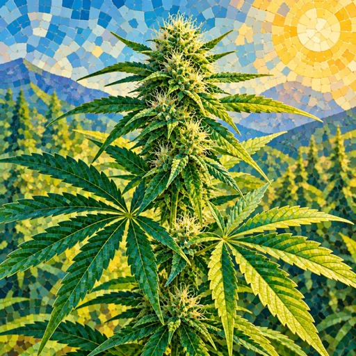 Hemp leaves in a colorful mosaic-style illustration.