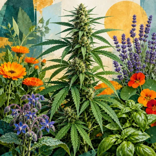 Hemp plant surrounded by colorful flowers.