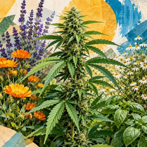 Hemp plant surrounded by colorful flowers.