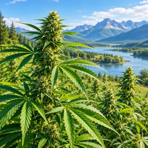 Hemp plants in a landscape beside a lake.