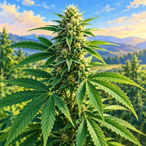 Illustrated hemp plant against a mountainous landscape.