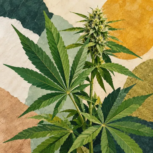 Hemp leaves in a textured paper collage.