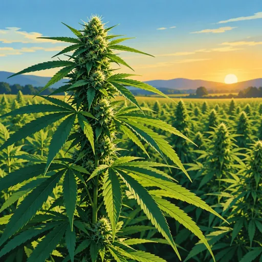 Hemp plants in a field at sunset.