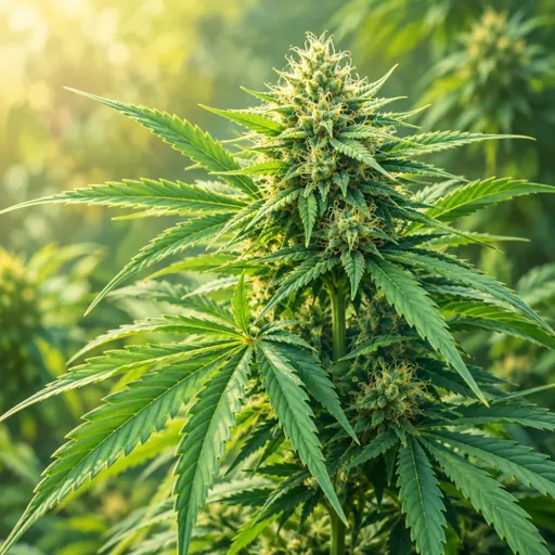 Close-up illustration of a hemp plant in soft light.