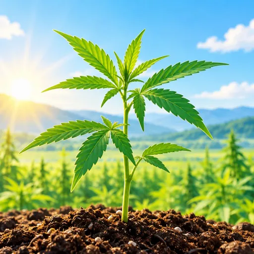 Young hemp seedling in a sunny landscape.