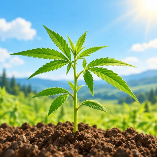 Young hemp seedling in a sunny landscape.
