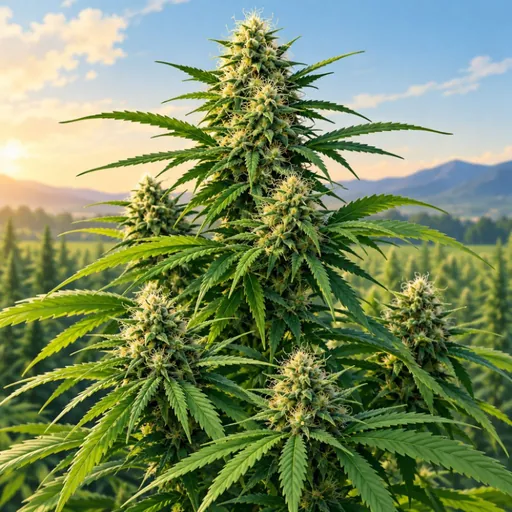 Flowering hemp plant in a sunlit field.