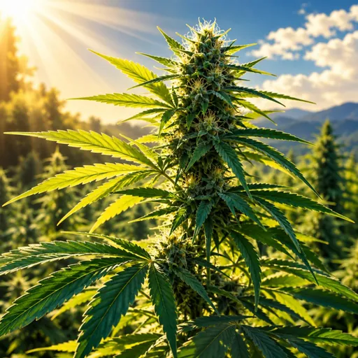 Hemp leaves and flowers backlit by sunlight.