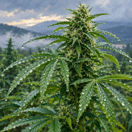 Rain droplets on hemp leaves.