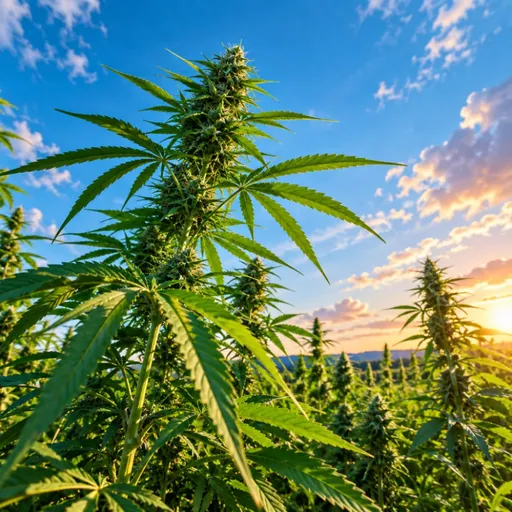 Low-angle view of hemp plants at sunset.