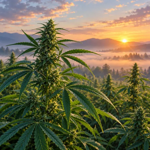 Hemp plants in a field at dawn.