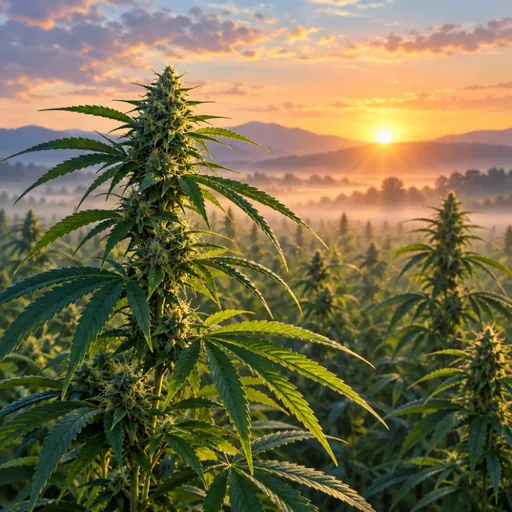 Hemp plants in a field at dawn.