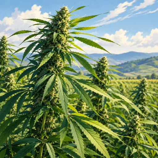 Hemp plants growing in a green landscape.