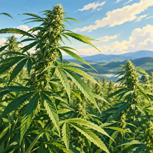 Hemp plants growing in a green landscape.