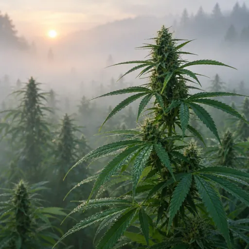 Hemp plants in a misty landscape.