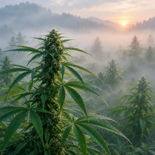 Hemp plants in a misty landscape.