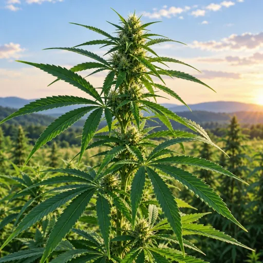 Hemp plant in a field at sunset.