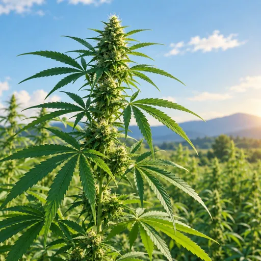 Hemp plant in a field at sunset.