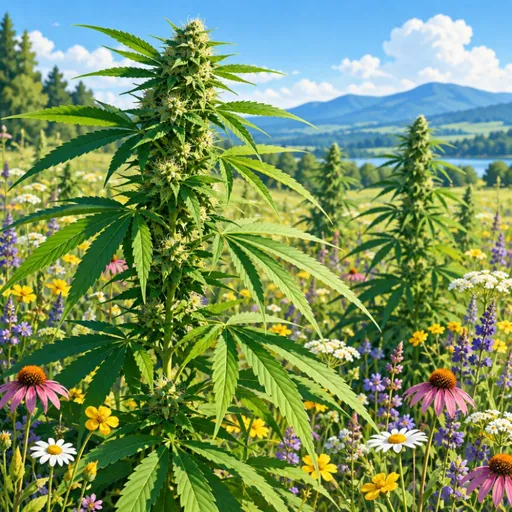 Hemp plants among colorful wildflowers.