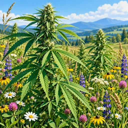 Hemp plants among colorful wildflowers.