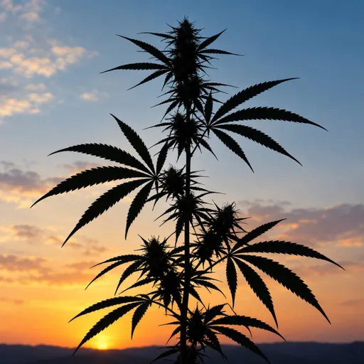 Silhouette of a hemp plant against the sunset.