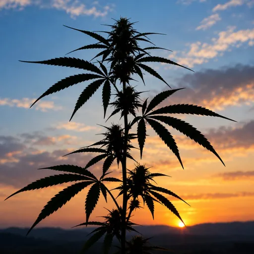 Silhouette of a hemp plant against the sunset.