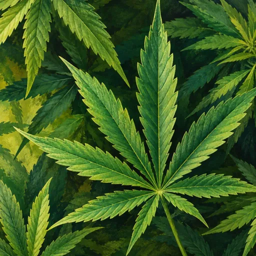 Close-up illustration of overlapping hemp leaves.