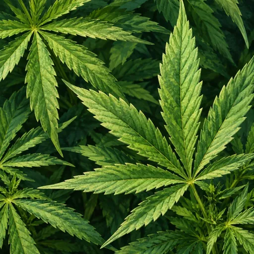 Close-up illustration of overlapping hemp leaves.