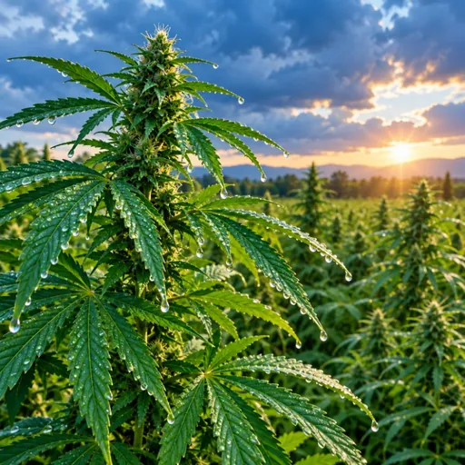 Hemp plant with rain droplets in a field.
